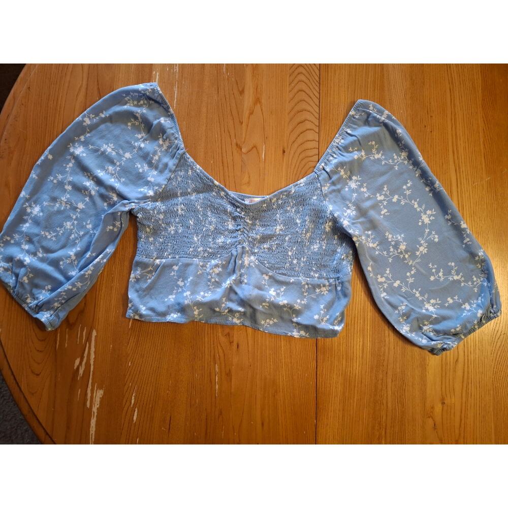 Lottie Moss Blue Floral Smocked Off-Shoulder Crop Top Size L